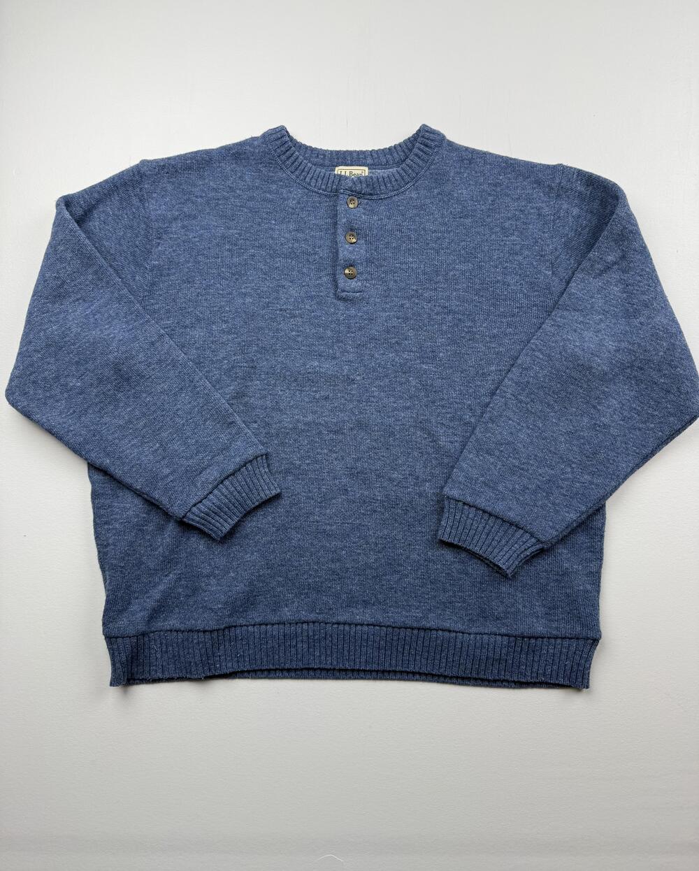 L.L. Bean Sweater Mens XL Blue Lambswool Henley Knit Pullover Long Sleeve
